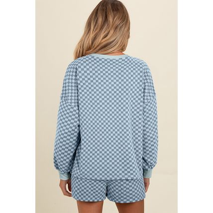 Sky Blue Checkerboard Long Sleeve Pullover and Shorts Set
