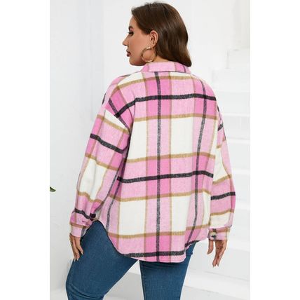 Pink Plaid Color Block Buttoned Long Sleeve Jacket with Pocket