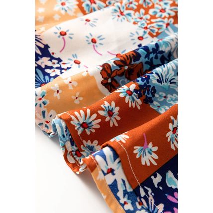 Orange Floral Patchwork Printed Frilled Bandeau Smocked High Waist Long Dress