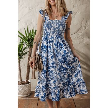 Blue Floral Ruffle Strap Square Neck Smocked Bodice Midi Dress