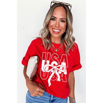 Red USA Bow Printed Casual Cotton Blend T Shirt