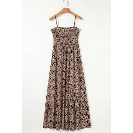 Brown Floral Smocked Bodice High Waist Flowy Sun Dress