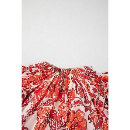Red Vintage Floral Ruffle Sleeve V Neck Blouse