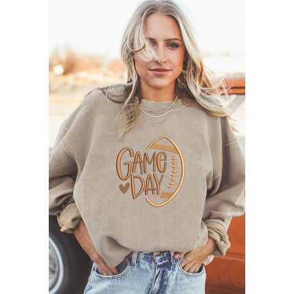 Smoke Gray Twisted Rib Texture game day Rugby Embroidered Baggy Sweatshirt
