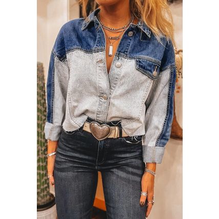 Dusk Blue Color Block Patchwork Flap Detail Distress Denim Jacket