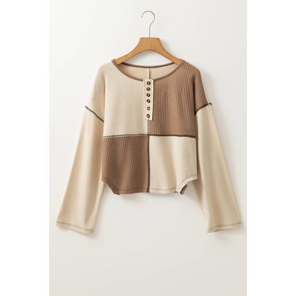 Beige Color Block Waffle Knit Stitch Detail Long Sleeve Top