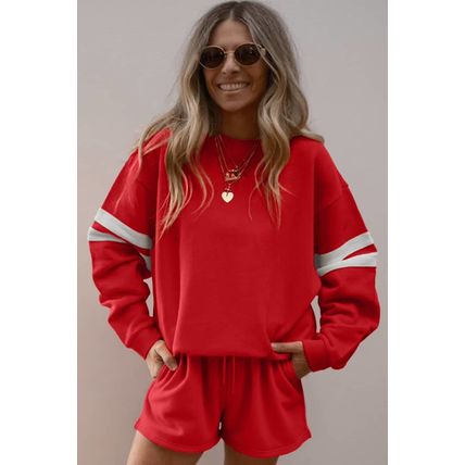 Fiery Red Varsity Striped Sleeve Drop Shoulder Sweatshirt and Short Set