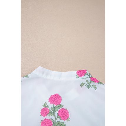 White Floral Print Half Button Mandarin Neck 3/4 Sleeve Maxi Dress