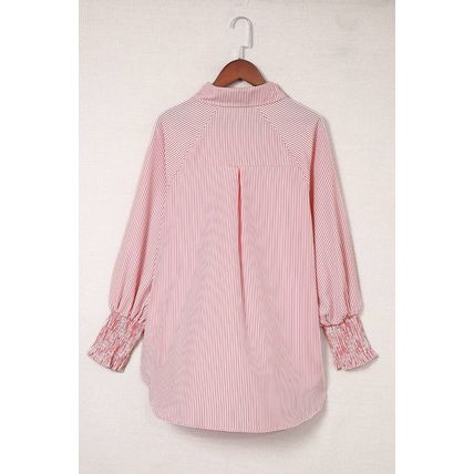 Red Stripe Smocked Cuffed Striped Boyfriend Shirt with Pocket