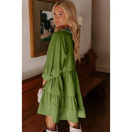 Jungle Green Contrast Stitched V Neck 3/4 Sleeve Tiered Mini Dress