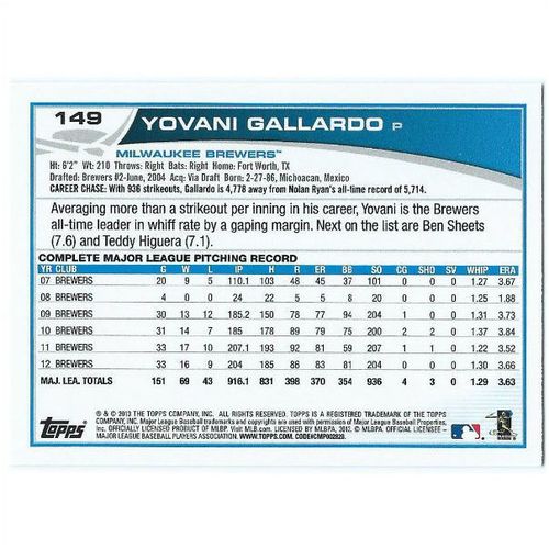 2013 Topps - #149 - Yovani Gallardo