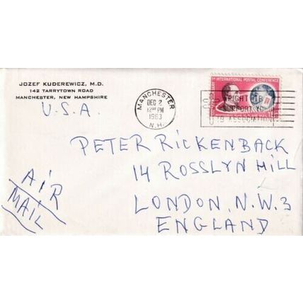 United States 1963 Manchester NH-London UK Cover Manchester cancel written VGC