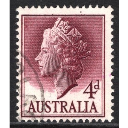 AUSTRALIA 1955/57: QUEEN ELIZABETH II DEFINITIVES - 4d CLARET USED (G5)