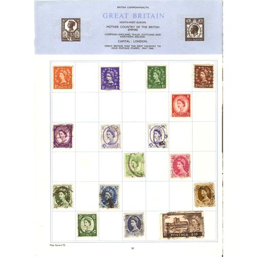 Great Britain 16 early QE definitive stamps on album page includes 7d 8d 9d 10d