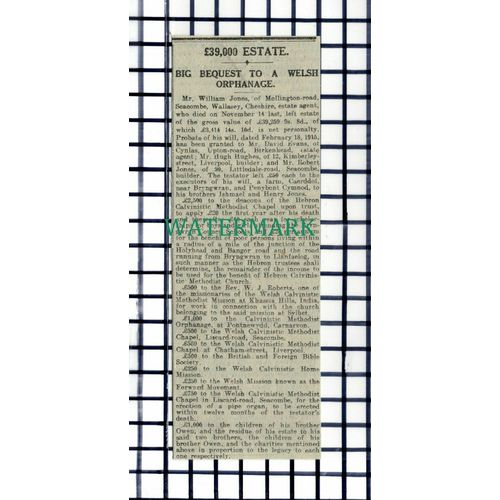 C7226) Mr William Jones Seacombe Wallasey Cheshire Bequests - 1916 Cutting