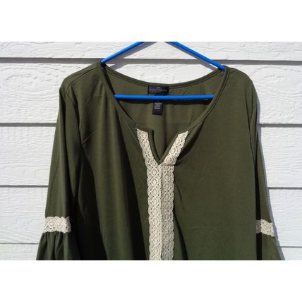 Womens Karen Brooks 2x Top Olive Lace Accent 48 Chest Boho Flare Sleeves