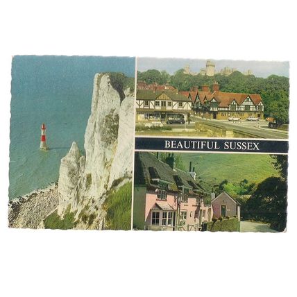multiview, BEAUTIFUL SUSSEX county, used vintage postcard by Constance 1976 pm #