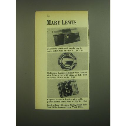 1945 Mary Lewis Advertisement - California Pathwork Suede Bag, Lucite Compact