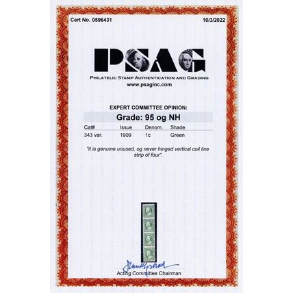 343v, Mint NH XF/S 1¢ Line Strip/4 With PSAG Certificate Graded 95 - Stuart Katz