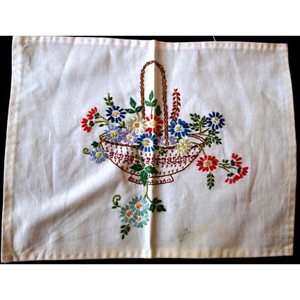 Linen hall table cover lovely embroidered floral basket 32 x 25 cm