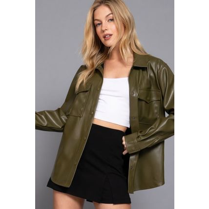 Long Slv Faux Leather Shacket
