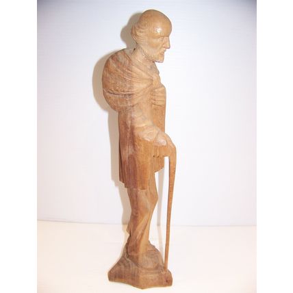 HAND CARVED WOOD SCULPTURE OLD MAN w/ STICK / CANE 16" TALL