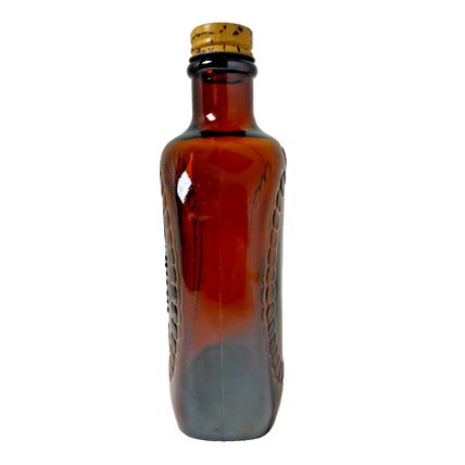 Vintage Log Cabin Syrup Embossed Amber Glass Bottle Bicentennial Liberty 1776