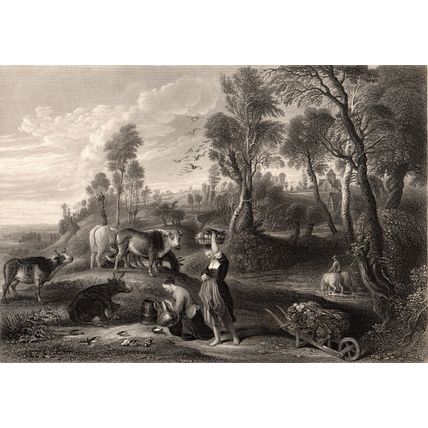 FARM AT LACKEN 1854 Peter Paul Rubens - Arthur Willmore ANTIQUE ENGRAVING