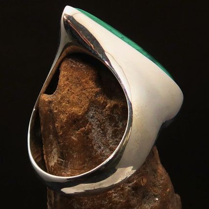 Minimalist mirror polished Sterling Silver Ring Green Pear Malachite - Size 10