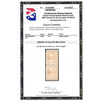 849, Mint XF/Superb NH Pair - With Graded 95 PSE Certificate * Stuart Katz