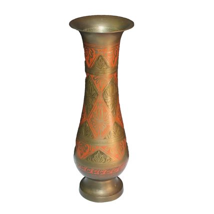 VTG Vase Hand Painted Etched Brass from India Unique Gift Home Decor Staging 12"