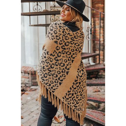 Leopard Plus Size Tasseled Hem Draped Poncho