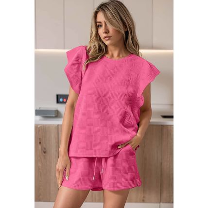Bonbon Textured Ruffled Sleeve Tee and Drawstring Shorts Set