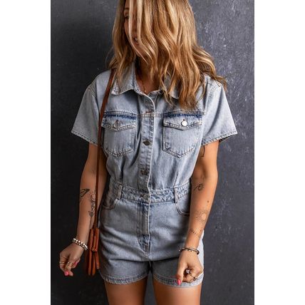 Light Blue Vintage Washed Buttons Pocketed Denim Romper