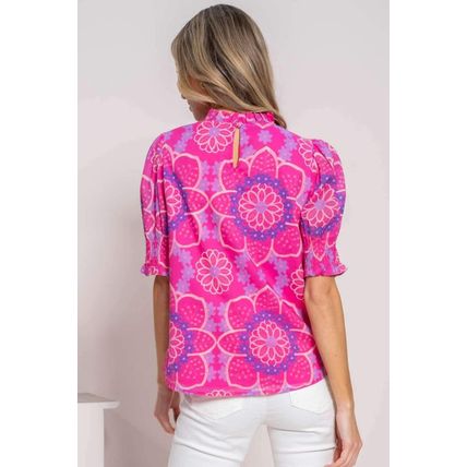 Rose Floral Print Frilled Neck Smocked Puff Sleeve Blouse