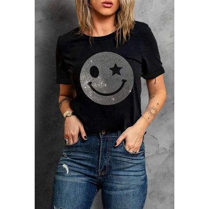 Black Sparkle Rhinestone Smile Face Graphic T Shirt