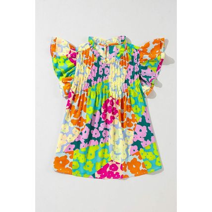 Multicolour Abstract Print Pleated Flutter Sleeve Blouse