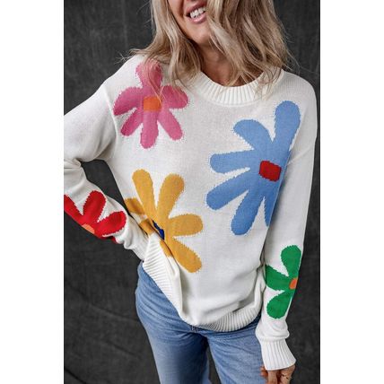 White Colorful Big Flower Pattern Crewneck Sweater