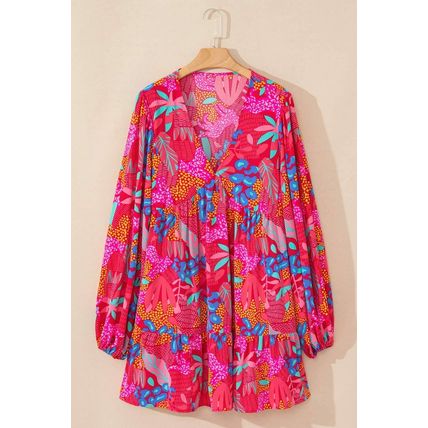 Rose Tropical Printed Lantern Sleeve V Neck Ruffled Plus Size Mini Dress