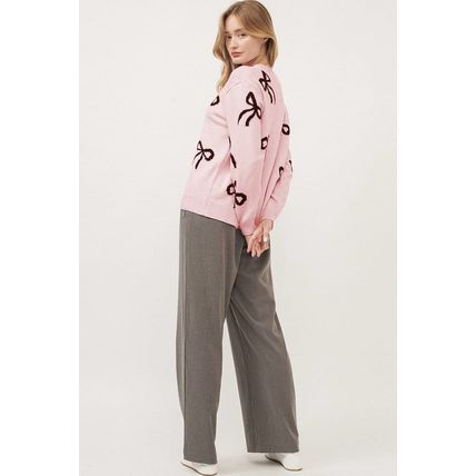 Light Pink Bow Pattern Knitted Loose Fit Sweater