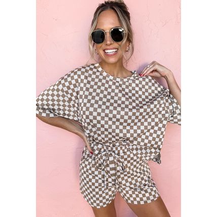 Brown Checkered Top and Short Casual 2pcs Set