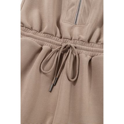 Dark Khaki Textured Short Sleeve Half Zip Drawstring Waist Romper