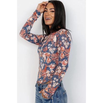 Orchid Petal Floral Print Mesh Fitted Long Sleeve Top