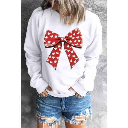 White Heart Bow Printed Round Neck Valentines Pullover Sweatshirt