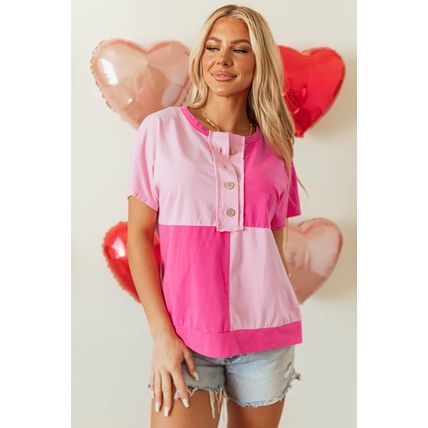 Pink Two Tone Half Buttons Collared T Shirt