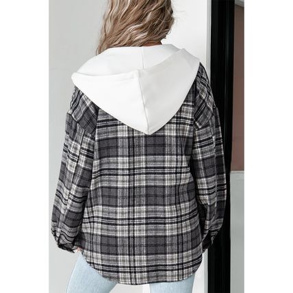 Black Plaid Print Flap Pockets Contrast Hooded Loose Shacket