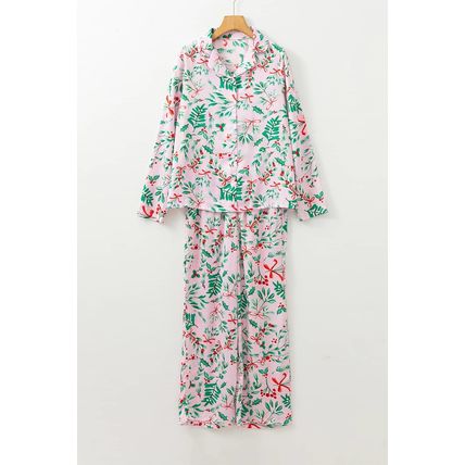 Pink Christmas Berries Plant Print Satin Long Sleeve Pajama Set