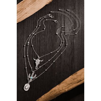 Silvery Western Steer Cactus Pendant Adjustable Multi Layer Necklace