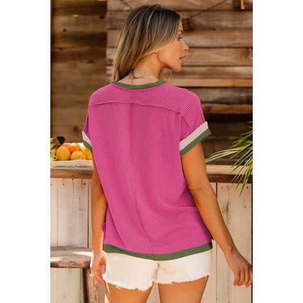 Rose Red Textured Contrast Trim Round Neck T Shirt