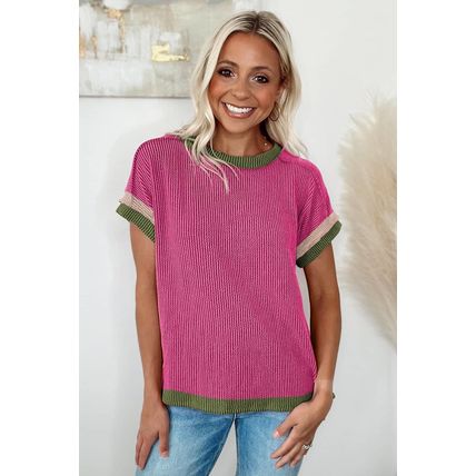 Rose Red Textured Contrast Trim Round Neck T Shirt